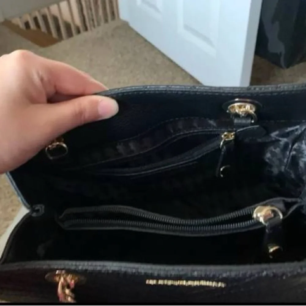 NEW! Karl Lagerfeld Black and Gold Chevron Charlotte Satchel Shoulder Bag - Picture 5 of 10